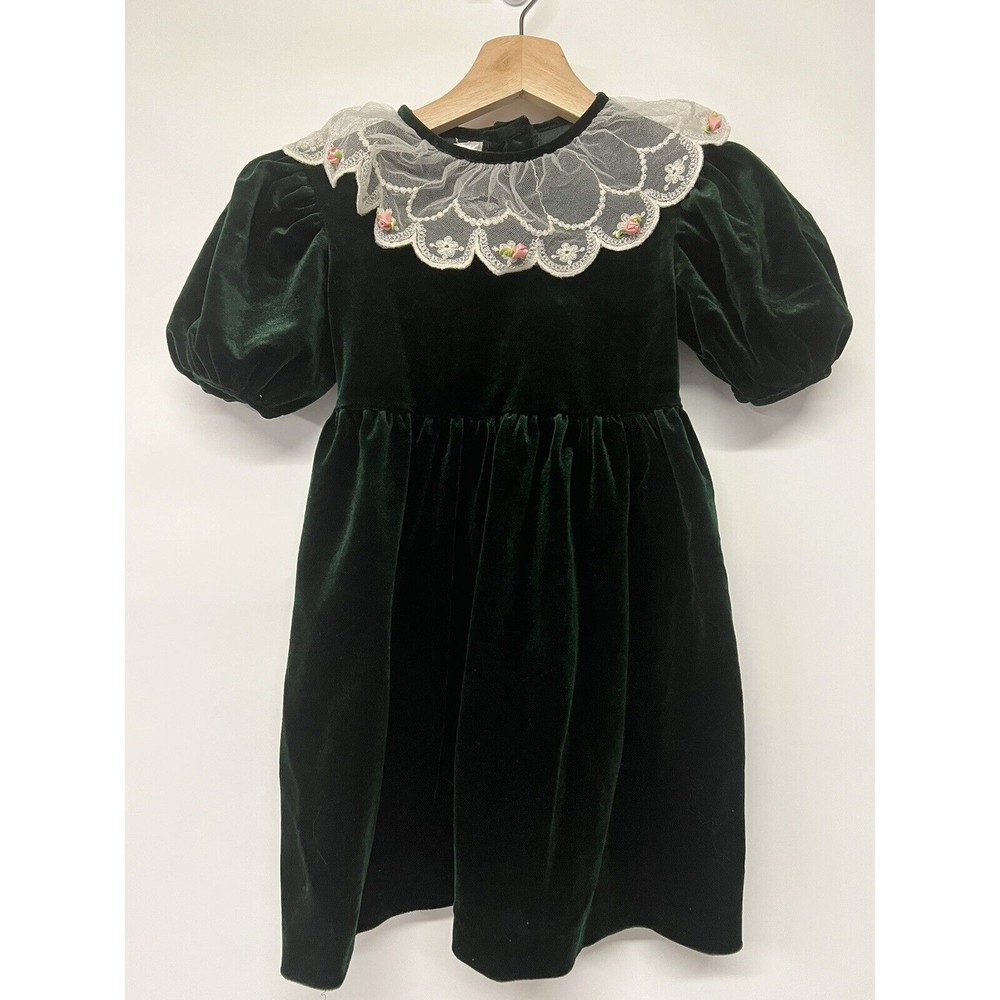 Vintage Bonnie Jean Green Velvet Lace Dress 6 x